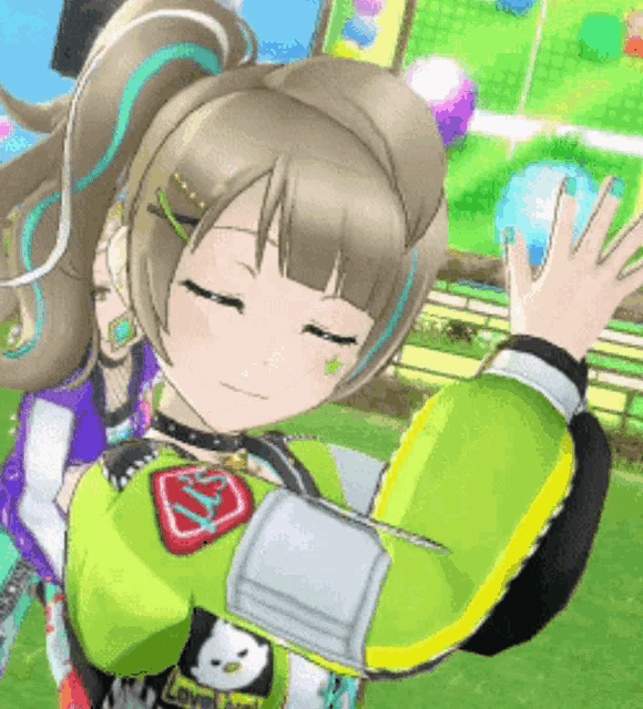 a girl with a ponytail is wearing a green shirt that says love