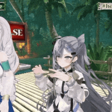 a girl in a video game is pointing to a sign that says " se "