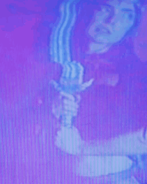 a person is holding a sword in their hand in front of a purple and blue background .