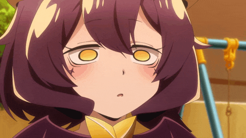 a close up of a girl with purple hair and yellow eyes making a funny face