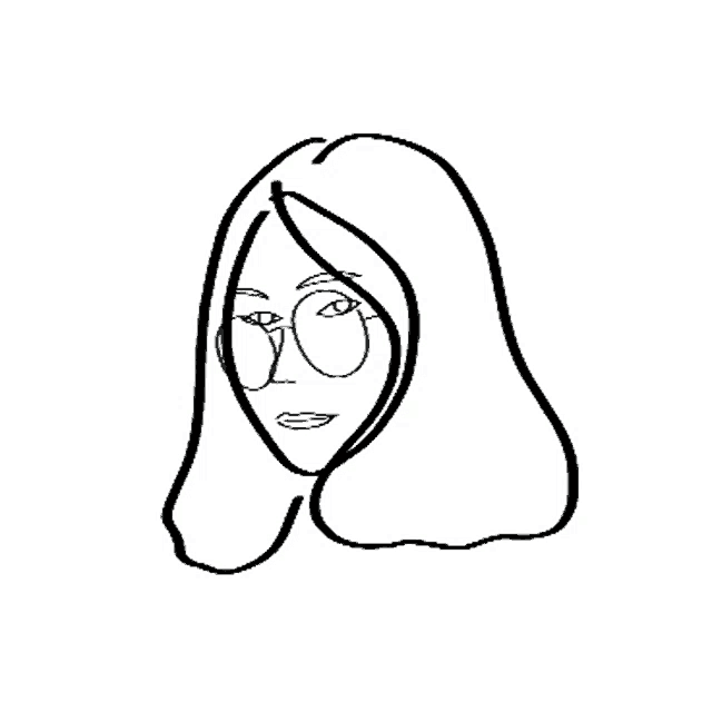 a black and white drawing of a woman 's face with long hair and glasses
