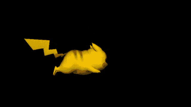a yellow cartoon character with a lightning bolt on its tail is flying through the air on a black background .