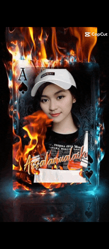 a girl wearing a hat and a playing card with the letter a
