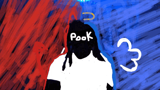 a drawing of a person with the word pook on their head