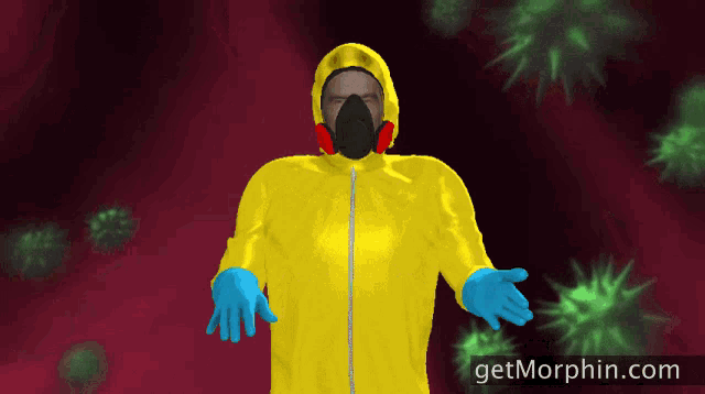 a man in a yellow suit with a gas mask and blue gloves is surrounded by green bacteria