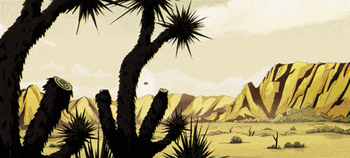 a cartoon drawing of a desert landscape with a cactus in the foreground and mountains in the background