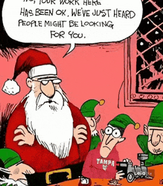 a cartoon of a man wearing a tampa sweatshirt talking to santa claus