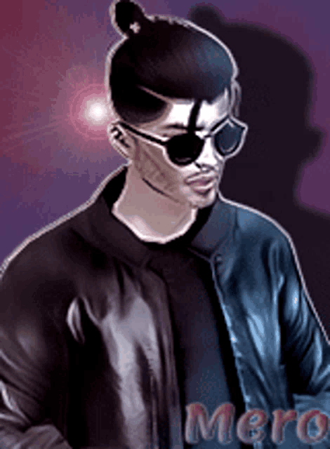 a picture of a man wearing sunglasses and a leather jacket with the word mero on the bottom