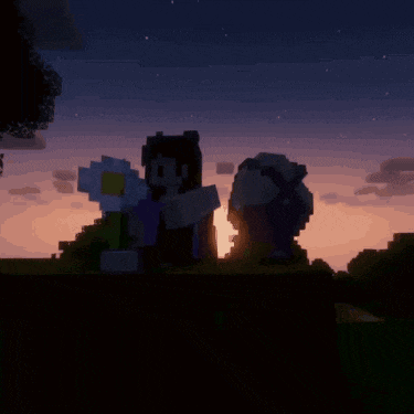 a couple of minecraft characters standing next to each other at night