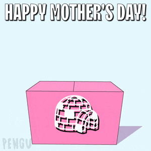 a happy mother 's day card with a penguin holding a cake and an igloo