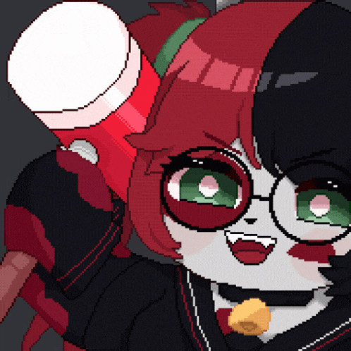 a pixel art drawing of a girl with green eyes and red hair