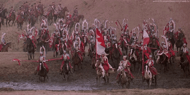 a large group of soldiers on horses with the words withfireandsword tumblr written below them