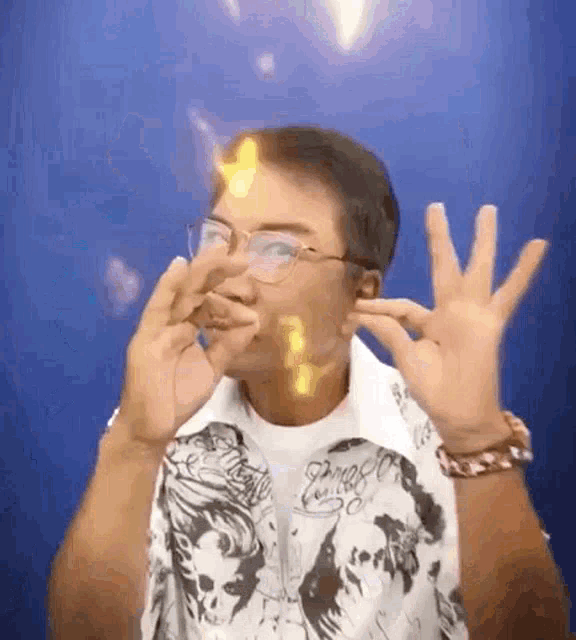 a man wearing glasses and a white shirt is making a funny face .
