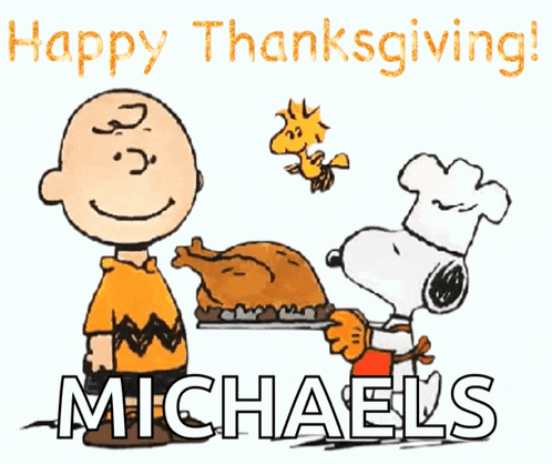 a cartoon of charlie brown and snoopy with the name michaels