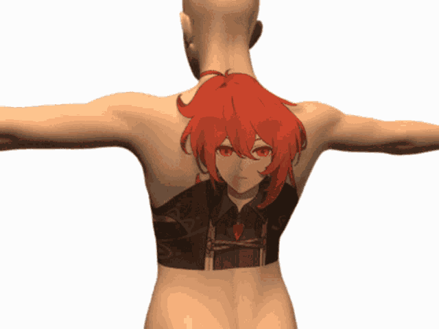 a 3d model of a man with a tattoo of a red haired anime character on his back