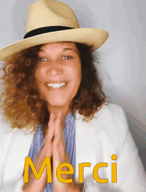 a woman wearing a hat and a white jacket with the word merci on the bottom
