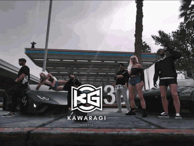 a group of people are standing in front of a sign that says kawaragi on it