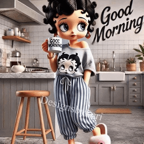 betty boop is standing in a kitchen holding a cup of coffee and saying good morning .