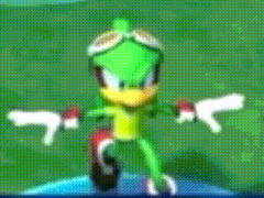 a close up of a green sonic the hedgehog wearing goggles and gloves .