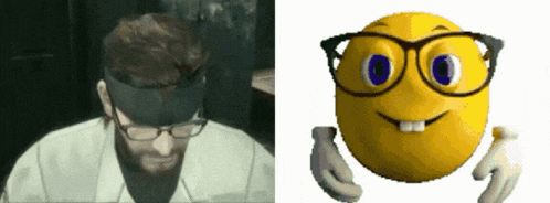 a man wearing glasses next to a smiley face with glasses