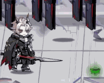 a cartoon character is holding a sword in a room .