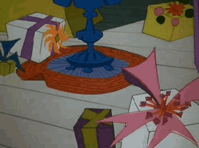 a cartoon of a table with gifts and flowers