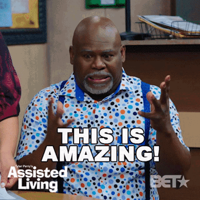 a man in a polka dot shirt is saying this is amazing