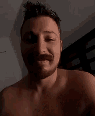 a shirtless man with a beard and mustache is smiling .