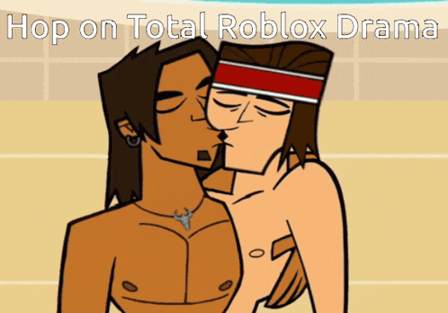 two cartoon characters kissing with the words hop on total roblox drama below them