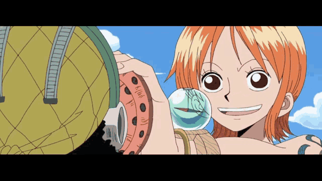 nami from one piece is smiling while holding a sphere