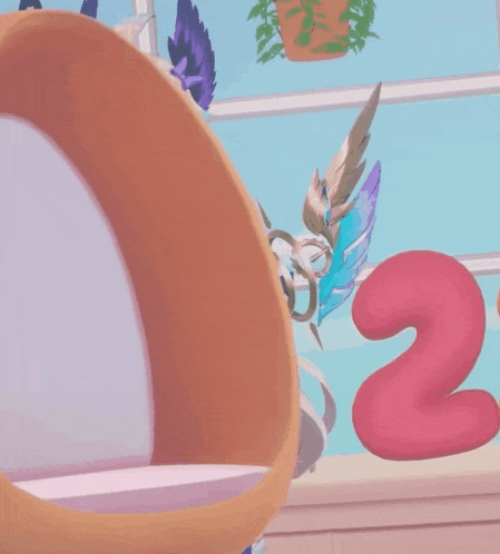 a cartoon girl with purple wings is standing in front of a window with a potted plant in the background