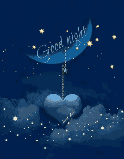 a blue heart is hanging from a chain under a blue moon with the words good night written on it