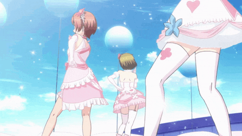 three anime girls in pink and white dresses are standing in front of balloons