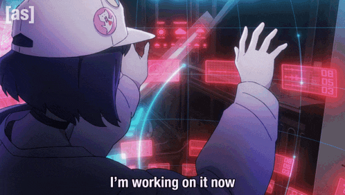 a girl in a baseball cap says i 'm working on it now