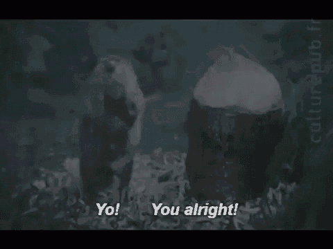 two squirrels are standing next to a tree stump and one of them says " yo "