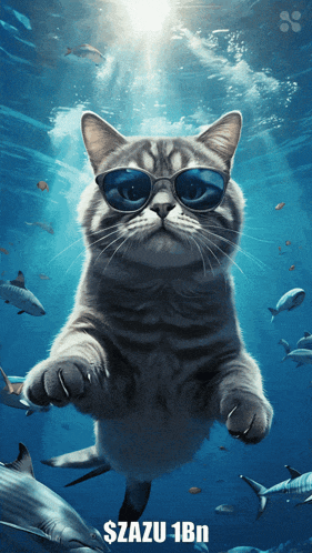 a cat wearing sunglasses is swimming in the ocean with sharks behind it