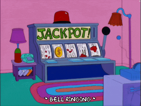 a cartoon slot machine with the words jackpot bell ringing on it