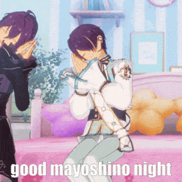 two anime characters praying with the words good mayoshino night written below them