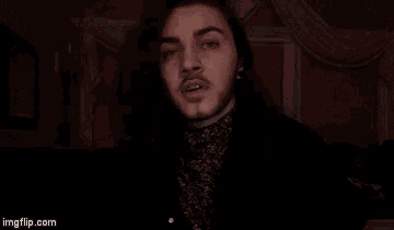 a man with long hair and a beard is standing in the dark in a room .