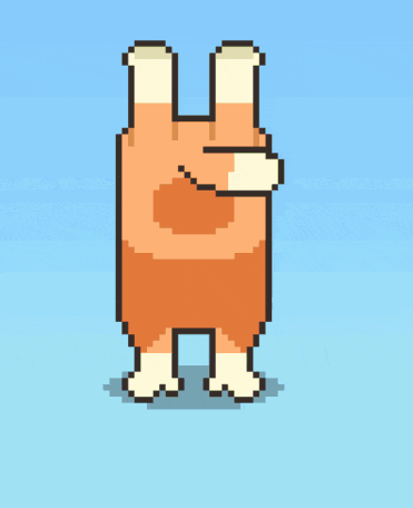 a pixel art drawing of an orange and white dog with a blue background