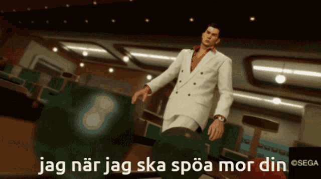 a man in a white suit is standing next to a bowling ball with the words jag nar jag ska spoa mor din written on it