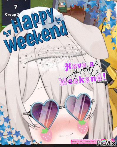 a picture of a girl wearing heart shaped sunglasses says happy weekend have a great weekend