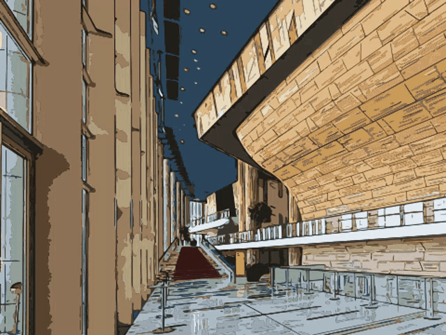 a drawing of a building with a red carpet leading to the stairs