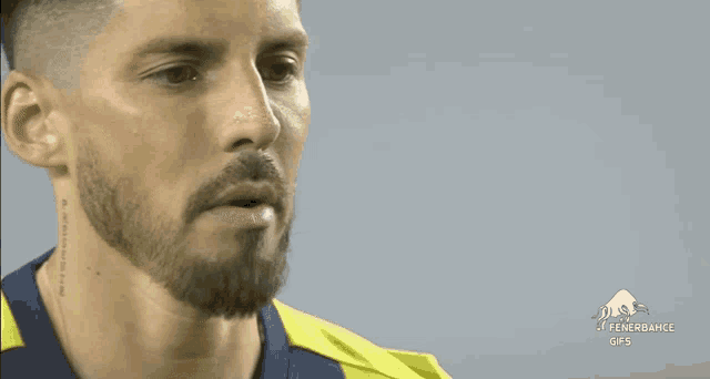 a man with a beard is wearing a yellow and blue shirt with the word fenerbahce on the bottom