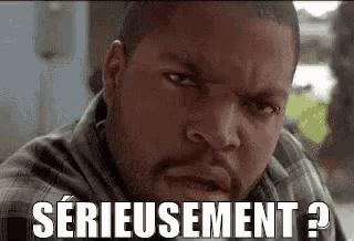ice cube is wearing a plaid shirt and making a funny face with the words `` serieusement ? '' .