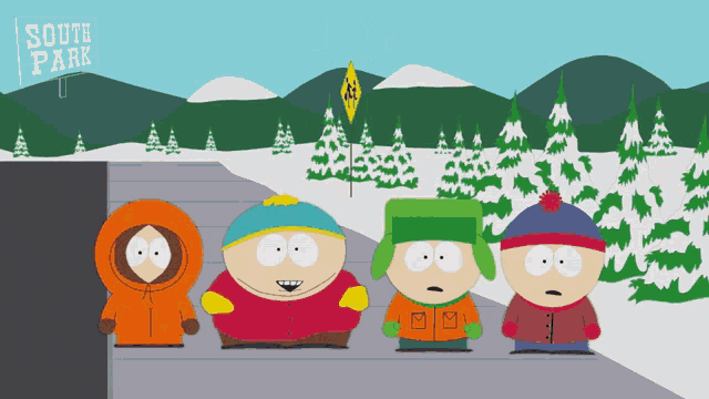 four south park characters are standing on a road