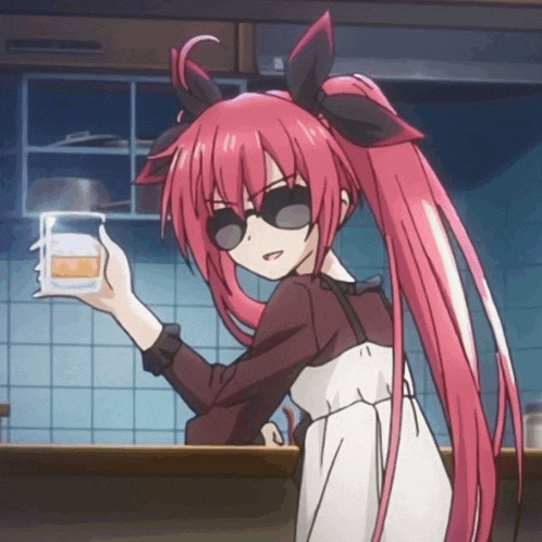a girl with pink hair and sunglasses is holding a container in her hand