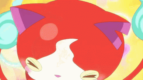 a red and white cartoon cat with a purple ear and tail