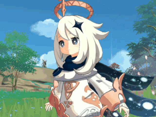 a girl with white hair and a star on her head is standing in a field