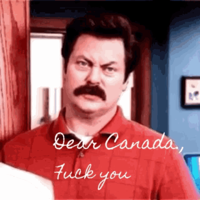 a man with a mustache is wearing a red shirt that says dear canada fuck you .